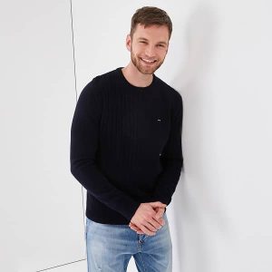 Pull bleu marine à col rond EDEN PARKen laine avec torsades 03ZX