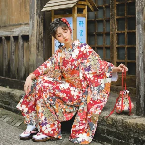 Kimono Furisode traditionnel pour femme Asanoha