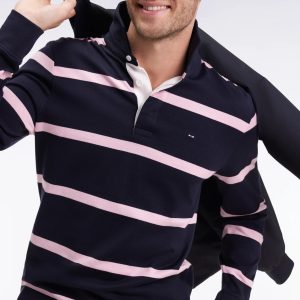 Maillot manches longues EDEN PARK en jersey de coton marine à rayures roses 068T