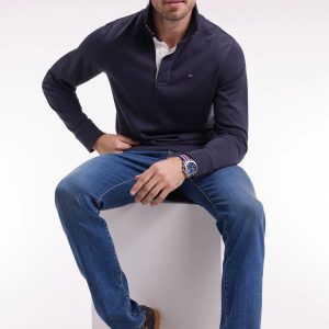 Maillot manches longues EDEN PARK en jersey marine dessous de col rayé 068R