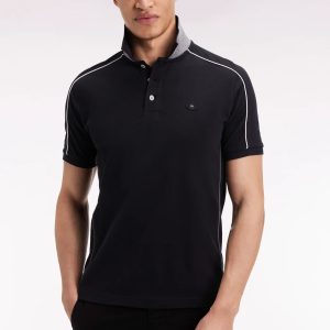 Polo à manches courtes EDEN PARK en piqué coton noir passepoils colorés 068X