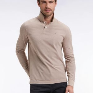 Polo à manches longues EDEN PARK en coton chiné beige coupe droite 0690