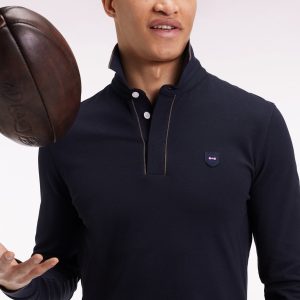 Polo à manches longues EDEN PARK en coton stretch marine passepoilé 0693