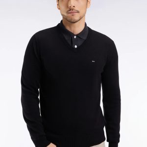 Pull col V EDEN PARK en laine et coton noir 0699