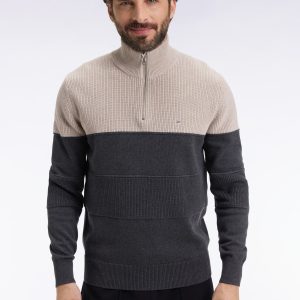 Pull col camionneur EDEN PARK en coton gris à effet de rayure 069F