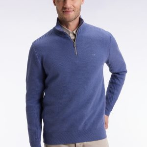 Pull col camionneur EDEN PARK en coton nid d&rsquo;abeille bleu 069D