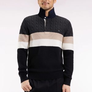 Pull col maillot EDEN PARK en laine et coton torsadé noir et gris 069E