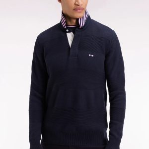 Pull col maillot ESEN PARK en coton marine à effet de rayure 069C