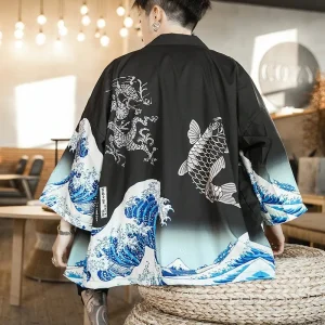 Veste Kimono Koï et vague de Kanagawa pour homme